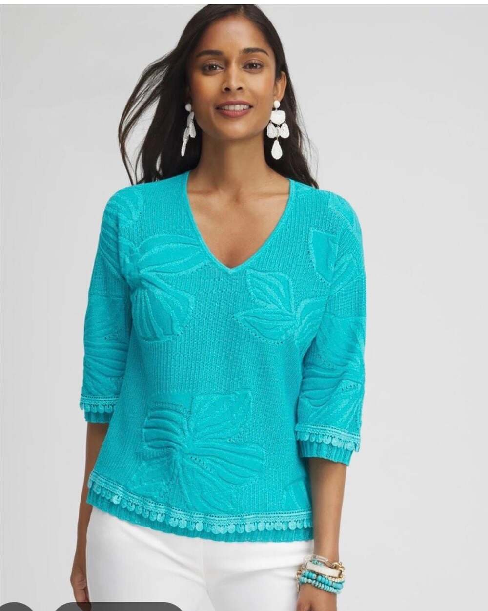 Chico's Tropical Leaf V-Neck Knit Sweater with Pom-Pom Hem Detail 2 Large